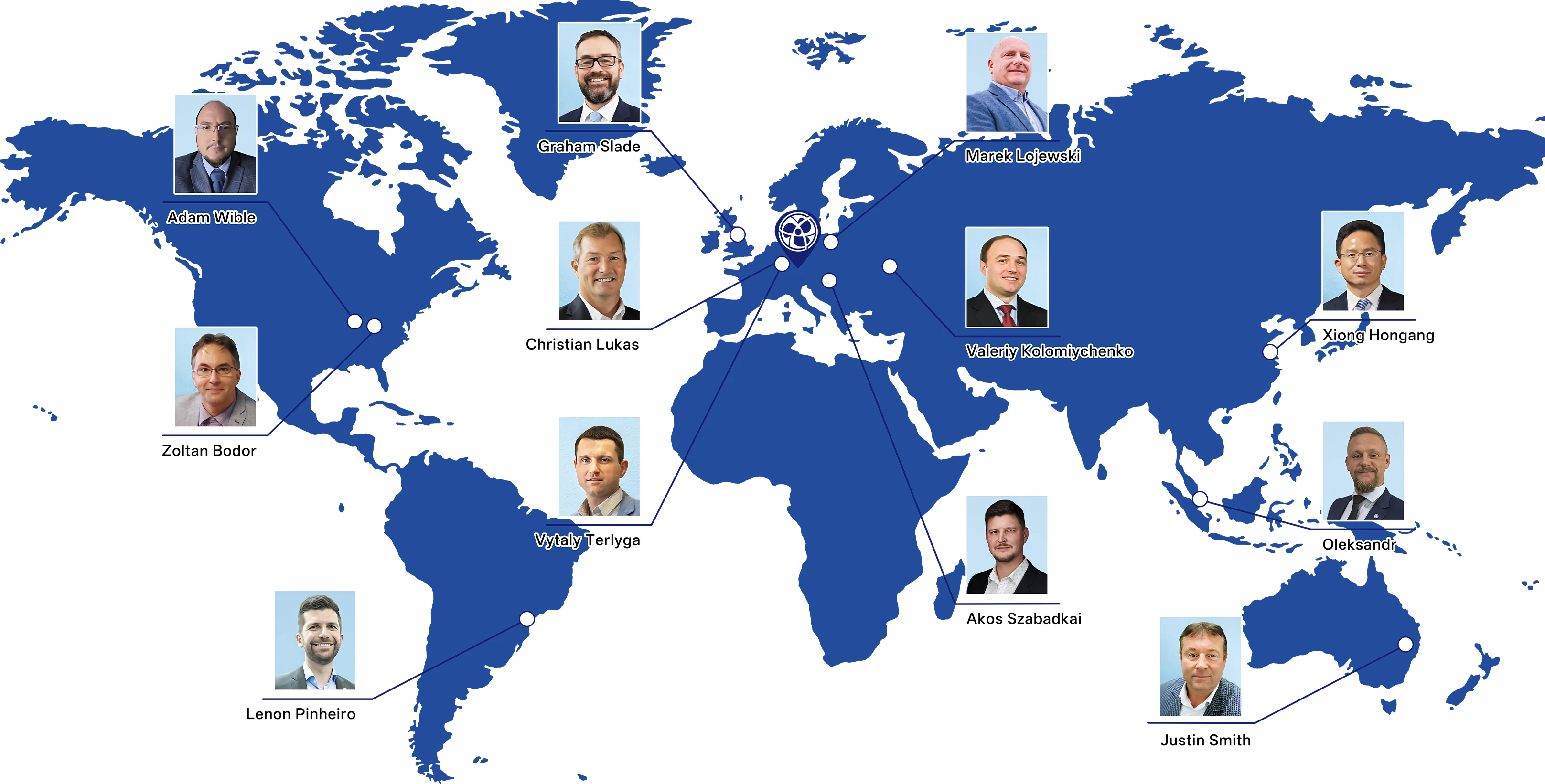 World map showing Blauberg Group regional contacts across Germany, Ukraine, Poland, Hungary, China, USA, Brazil, Japan and Australia